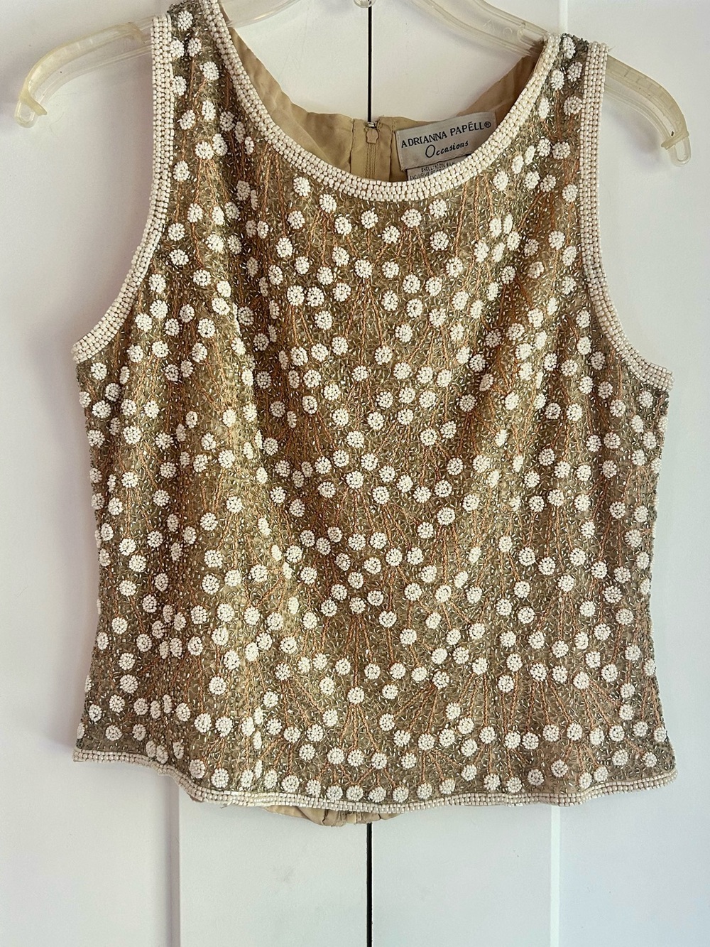 ADRIANNA PAPELL OCCASIONS 100% SILK FULLY LINED TAN BEADED EVENING  TOP, SZ 8P